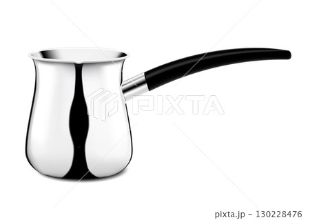 Steel coffee pot. Traditional Turkish cezve coffee brewing kitchen utensils. Realistic 3d vector illustration, isolated on white background 130228476
