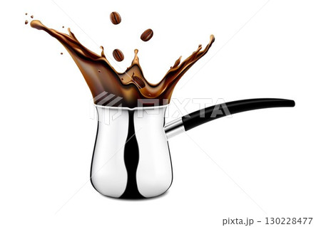 Steel coffee pot with a coffee splash. Traditional Turkish cezve coffee brewing kitchen utensils. Realistic 3d vector illustration, isolated on white background 130228477