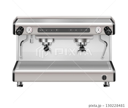Modern metal professional coffee machine on two cups front view realistic 3d rendering isolated on white background. Espresso cappuccino coffee maker steam frothing machine 130228481