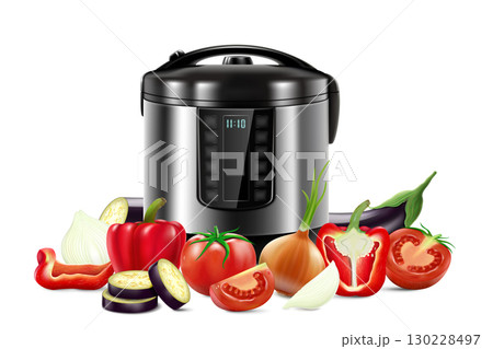 Multi Cooker and bunch of fresh vegetables , realistic 3d vector composition with image of crock pot electric appliance for kitchen, isolated on white background 130228497