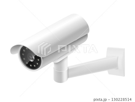 Security camera. White CCTV surveillance system. Territory or premises watching and control, safety measure, police service. Vector 3d realistic illustration isolated on white background Security camera. White CCTV surveillance system. Territory or premises watching and control, safety measure, police service. Vector 3d realistic illustration isolated on white background 130228514