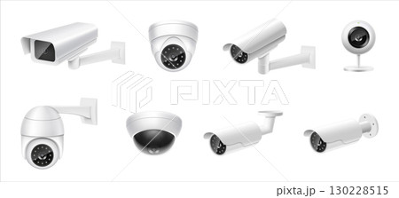 Closed circuit television cameras realistic set. External cctv. Surveillance equipment. Security monitoring system for smart home, company. Vector realistic cctv isolated on white background. 130228515