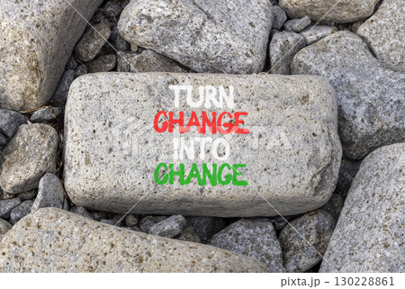 Turn change into chance symbol. Concept words phrase Turn change into chance on beautiful grey stone. Beautiful grey stone beach background. Business Turn change into chance concept. Copy space. Turn change into chance symbol. Concept words phrase Turn change into chance on beautiful grey stone. Beautiful grey stone beach background. Business Turn change into chance concept. Copy space. 130228861