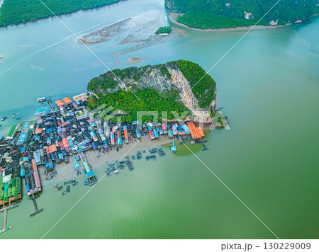 Aerial top view Colorful house roofs on a village on Koh Panyee. 130229009