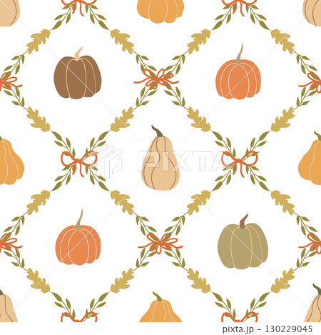 Floral autumn leaves and pumpkins seamless pattern. Vector coquette fall harvest, Thanksgiving print, background. Floral autumn leaves and pumpkins seamless pattern. Vector coquette fall harvest, Thanksgiving print, background. 130229045
