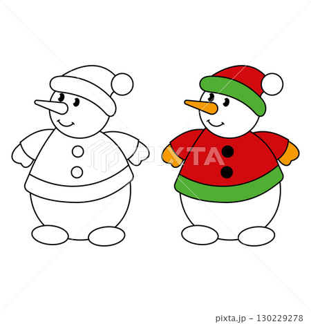 Christmas Snowman Vector Illustration. Colored and Outline Version. This charming winter themed design is ideal for Christmas cards, holiday decorations. Christmas Snowman Vector Illustration. Colored and Outline Version. This charming winter themed design is ideal for Christmas cards, holiday decorations. 130229278
