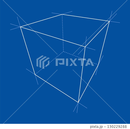 Geometric Wireframe Cube on Blue Background 130229288