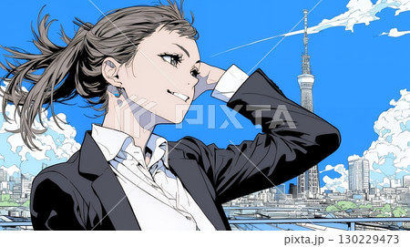 自信満々に晴天の都会の街を歩いているビジネスウーマン