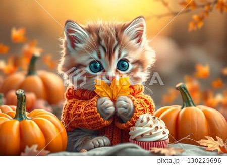 cute kitten in orange knitted sweater for Halloween 130229696