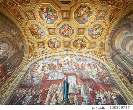 VATICAN CITY, ROME, ITALY - AUGUST 02, 2025 Room of the Immaculate Conception with view to the grand, vaulted ceiling with ornate gilded stucco and wall fresco with painted biblical scenes 130229727