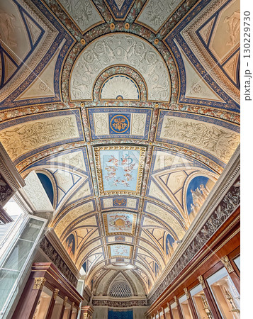 VATICAN CITY, ROME, ITALY - AUGUST 02, 2025 View of an exquisite, long gallery ceiling with a vaulted, intricate design in the Room of Tributes (Sala degli Indirizzi) in the Christian Museum 130229730