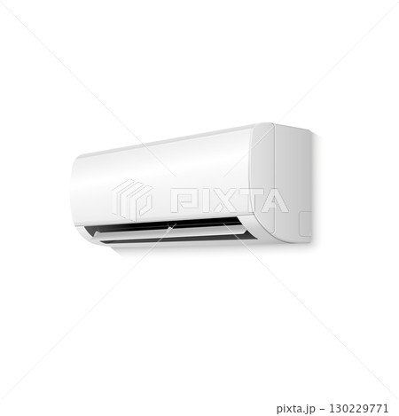 Side view of the air conditioner, white with glare, no air flow. On a clean white background without noise. 130229771