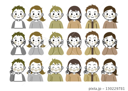 子供の表情のバリエーションセット　男の子　女の子　くすみカラー 130229781