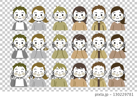 子供の表情のバリエーションセット　男の子　女の子　くすみカラー 130229781
