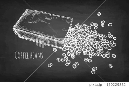 Coffee beans spilled from the bag chalk sketch. Coffee beans spilled from the bag chalk sketch. 130229882