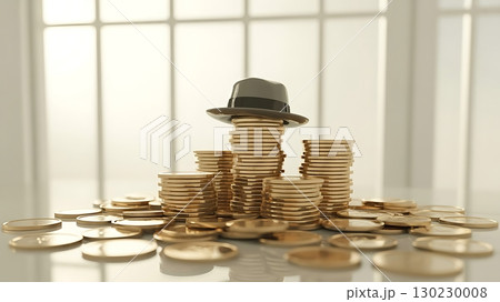 Stack of gold coins topped with graduation cap for financial planning 130230008