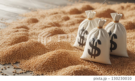 Three money bags on a pile of grains suggesting wealth in agriculture crop Three money bags on a pile of grains suggesting wealth in agriculture crop 130230010