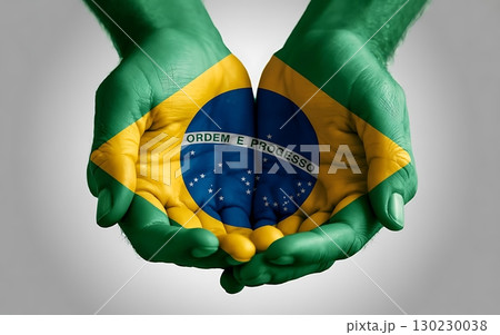 Hands Painted with Brazil Flag Depict Patriotism and Unity 130230038