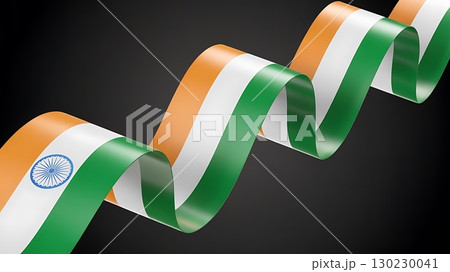 Indian flag ribbon flowing with ashoka chakra on a dark gray background 130230041