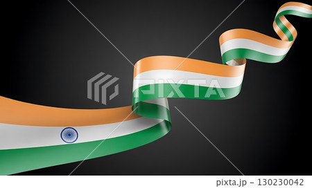 Indian flag ribbon unfurling against a dark background in a dynamic swirl 130230042