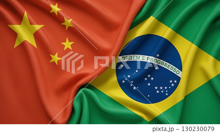 close up of the china and brazil flags draped together in the image 130230079