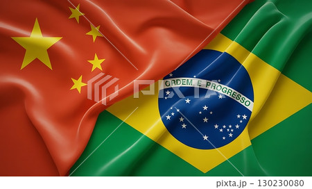 close up of the flags of china and brazil intertwined together waving 130230080