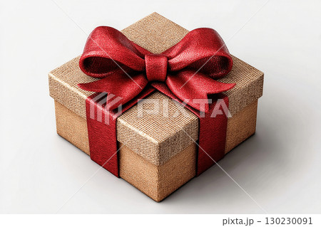 Christmas decor. Luxury present. Classic Gift Box with Red bow on white background. Traditional gift box. 130230091