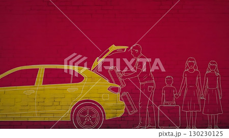 Father loading luggage into car trunk with children standing nearby drawing 130230125