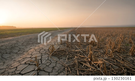 Barren landscape of dried cracked earth and harvested field under a dramatic hazy orange sunset sky 130230161
