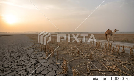 Camel walking on a dry cracked field path at sunset showing desert landscape and peaceful horizon 130230162