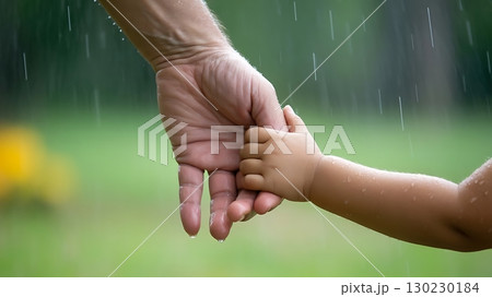 Adult Holding Child Hand in Rain Outdoors with Nature Background 130230184