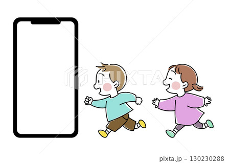 スマートフォンに向かって楽しそうに走る子供たち 横向き 男の子 女の子 スマートフォンに向かって楽しそうに走る子供たち 横向き 男の子 女の子 130230288
