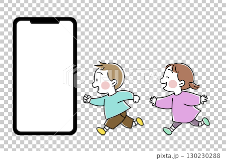 スマートフォンに向かって楽しそうに走る子供たち 横向き 男の子 女の子 スマートフォンに向かって楽しそうに走る子供たち 横向き 男の子 女の子 130230288