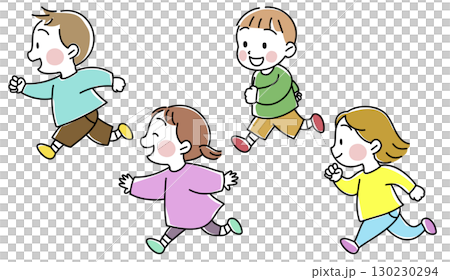 Children running happily, sideways, boys and girls Children running happily, sideways, boys and girls 130230294