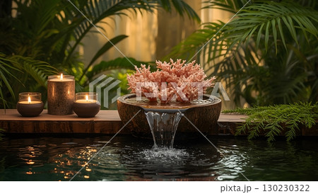 Tropical spa composition with coral and soft candlelight 130230322