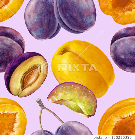 Seamless pattern made of hand-drawn apricots and plums on a lilac background. Watercolor illustration. A botanical template for packaging, wallpaper, and textiles. 130230359