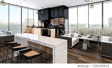 Modern Bakery Shop and Caf Interior with Bread Display and Coffee Counter, 3d Rendering 130230412