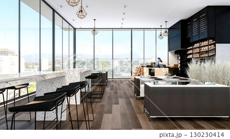 Modern Bakery Shop and Caf Interior with Bread Display and Coffee Counter, 3d Rendering 130230414