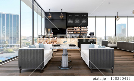 Modern Bakery Shop and Caf Interior with Bread Display and Coffee Counter, 3d Rendering 130230415