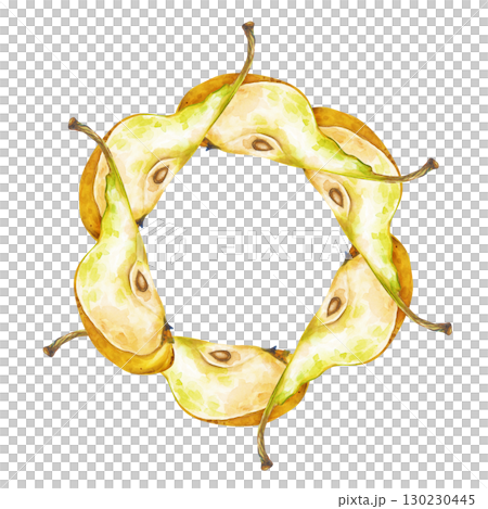 Round frame with slices of yellow pears and cuttings, hand-drawn. Watercolor illustration isolated on a white background. A botanical template made of ripe fruits with an empty place to insert. Round frame with slices of yellow pears and cuttings, hand-drawn. Watercolor illustration isolated on a white background. A botanical template made of ripe fruits with an empty place to insert. 130230445