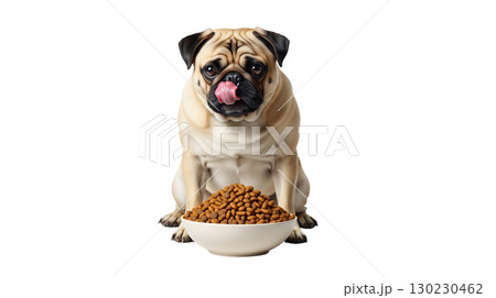 A pug sits intently in front of a large bowl filled with dry kibble, its determined expression and tongue licking its lips show eagerness for food at mealtime. 130230462