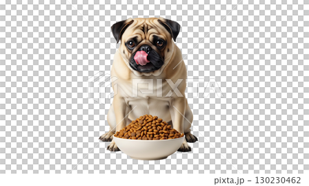 A pug sits intently in front of a large bowl filled with dry kibble, its determined expression and tongue licking its lips show eagerness for food at mealtime. 130230462