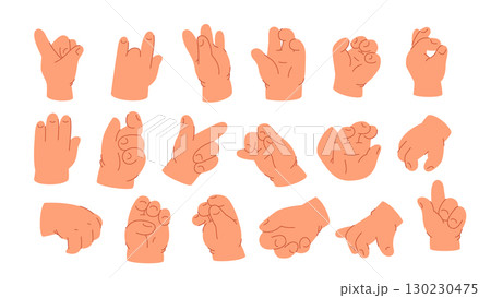 Set of kids hands emoji and symbols. Set of baby s palm. Vector isolated on white background. 130230475