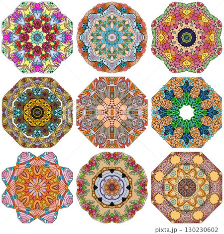 Set of colorful cute Mandalas. Decorative unusual round ornaments. 130230602