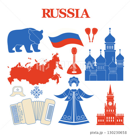 Collection of colorful icons representing Russia including bear map of the country balalaika accordion traditional clothing vector set captures the key cultural and national symbols illustration 130230658