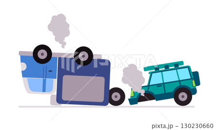 illustration of a two car collision blue truck flipped onto its side after a crash with a green SUV simple clean style with smoke effects vehicle accidents graphic illustration of a two car collision blue truck flipped onto its side after a crash with a green SUV simple clean style with smoke effects vehicle accidents graphic 130230660