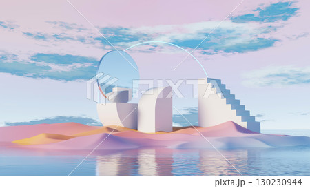 3d render, futuristic mirror arc with geometric structures in pastel desert landscape 130230944