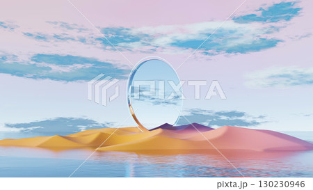 3d render, surreal landscape with giant reflective ring over pastel desert and water 3d render, surreal landscape with giant reflective ring over pastel desert and water 130230946