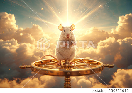 Symbol of the Zodiac. A brave white rat, spirit of the Year of the Rat, confidently stands on a luminous golden wheel in a heavenly, cloudy sky. 130231010