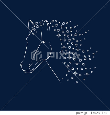 Symbol of Chinese New Year 2026. Lunar calendar animal, horse zodiac sign. Horse with a mane of snowflakes on dark blue background. Greeting card design 130231150